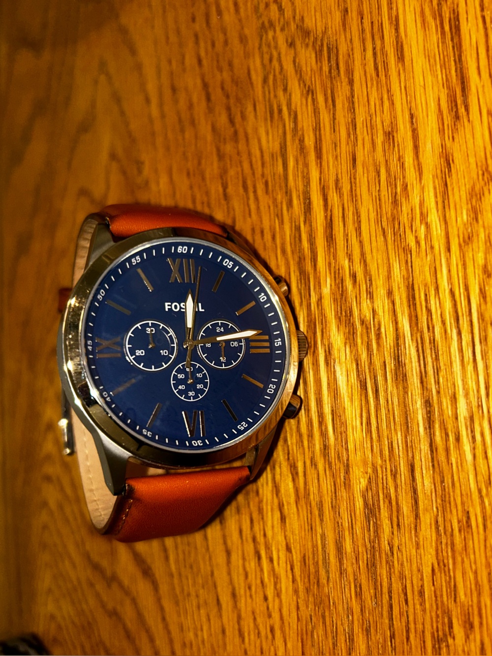 Fossil Blue Dial Chronograph Watch with Brown Leather Band